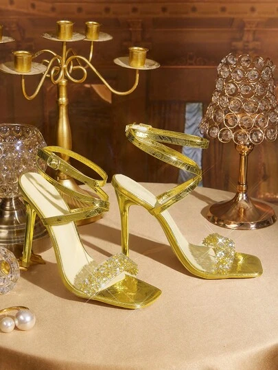 CUCCOO TILAWA 女士时尚性感电镀水钻装饰金色高跟凉鞋，适合户外活动和派对，春季鞋款，春假复活节舞会高跟鞋