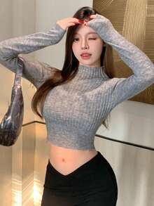 Dazy Tall 高个女式短款立领长袖休闲毛衣 - 灰色 - 查看 7