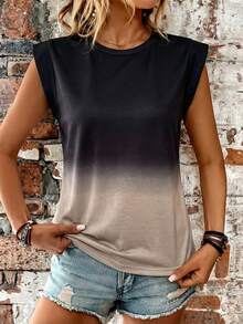 EMERY ROSE New Khaki Base Fashionable Casual Ombre Cap Sleeve Round Neck Women T-Shirt - Multicolor - View 6