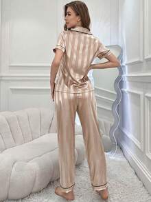CoupledUp Faux Silk Striped Jacquard Contrast Trim Collar Pajama Set - Champagne - View 2