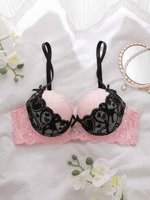 DelicateAllure 情人节撞色花卉蕾丝拼接钢圈加垫聚拢上托丰满舒适半罩杯文胸，可爱清新浪漫，蝴蝶结点缀，女士性感睡衣文胸 - 粉色 - 查看 1