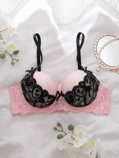 Valentine's Day Colorblock Floral Lace Patchwork Underwire Padded Push-Up Cleavage Enhancing Comfy Balconette Cute Fresh Romantic Gift Bow Accent Babydoll Lingerie Bra For Women