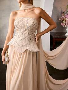 MOTF PREMIUM VESTIDO DE FIESTA ELEGANTE CONVERTIBLE SIN TIRANTES DE LARGO HASTA EL SUELO - DETALLE DE LAZO EN LA ESPALDA, TELA CON CUENTAS DE GASA MEZCLADA, SILUETA ENTALLADA PARA FIESTAS, BODAS Y EVENTOS FORMALES - Champán - Ver 3