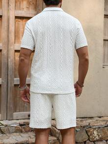 Genlund Men's Summer Casual Vacation Solid Color Textured Fabric Short Sleeve Shirt And Drawstring Waist Shorts Set - White - View 2