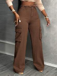 Slaydiva Plus Size Women's Solid Color Washed Denim Cargo Pants, Spring/Summer - Coffee Brown - View 6