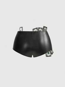 ROMWE Avant Sexy Diva Dollar Bill Embroidered Super Low-Rise Mini PU Shorts - Black - View 8