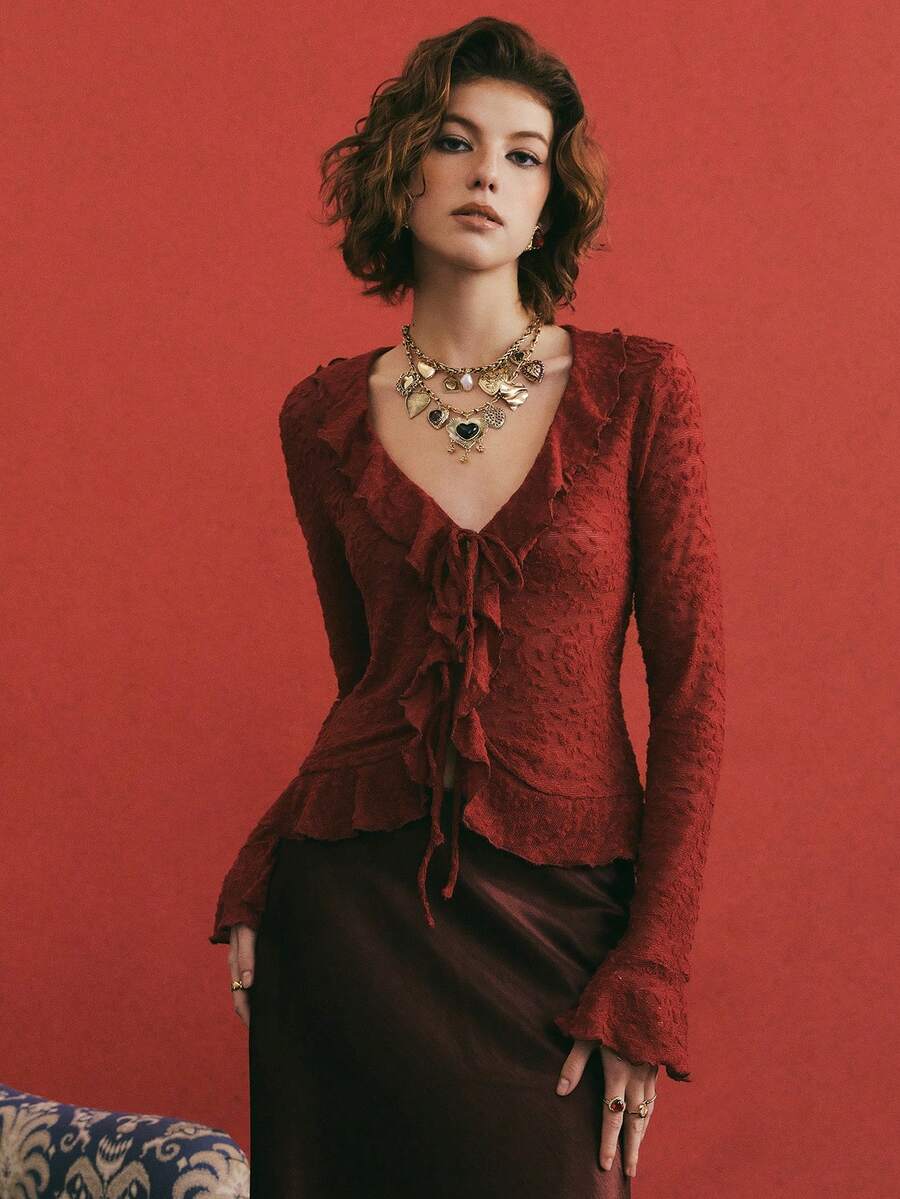 Poéselle 女士纯色V领长袖荷叶边系带衬衫 - 酒紅色 - 查看 1
