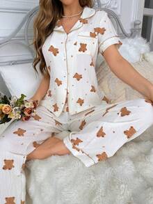 Bear Printed Colorblock Pajama Set With Contrast Trimmed Lapel Collar - Beige - View 7