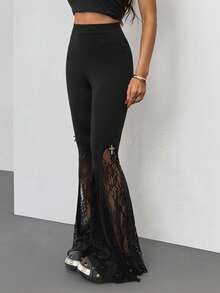SHEIN Tall 女士秋冬四季哥特Y2K颓废风万圣节夜店装扮性感乡村音乐会Y2K黑色蕾丝小码喇叭裤 - 黑色 - 查看 12