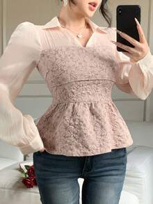 DAZY 春夏优雅二合一粉色长袖衬衫，适合办公室、通勤、婚礼、休闲场合 - 白色 - 查看 7