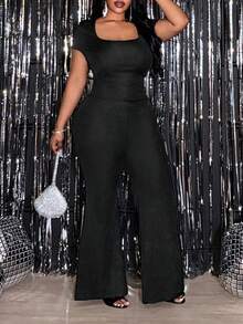 Slaydiva 2026春夏新款，黑色性感修身U领短袖喇叭连体裤 - 黑色 - 查看 2