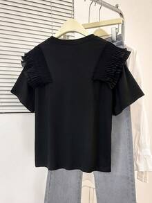 SHEIN Franclia Women's New Round Neck Short Sleeve Black Pleated Ruffle Trim Elegant Casual Commute Fashion T-Shirt, Spring/Summer Black Ruffle Top Black Summer Tops Fringe Shirt Black Blouse For Women Black Short Sleeve Top Black Tops Black Blouses For Women Elegant Women's Tops And Blouses Ladies Clothes Working Blouse New Arrival Blouse Best Saler Latest Tops For Women New Arrivals Blouses For Women New T Shirt Casual Tops For Women Elegant Women's Short Sleeve Tops - Black - View 2