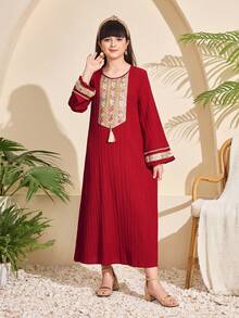 SHEIN Áo choàng dài tay màu đỏ tía thêu tua rua trang trí dành cho bé gái tuổi teen - Màu Đỏ Sâu - Xem 5