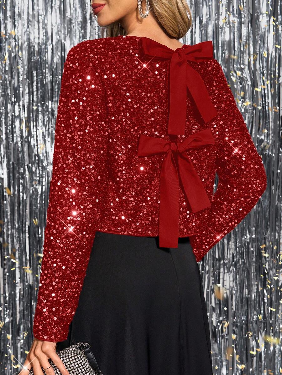 SHEIN Clasi Women's Round Neck Long Sleeve Sequin Elegant Everyday Wear, Holiday Party Sparkly Bow Tie Back Blouse, Autumn/Winter - Red - View 1
