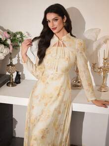 Modelyn 女士优雅系领印花连衣裙，夏季 - 黃色 - 查看 6