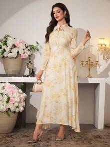 Modelyn 女士优雅系领印花连衣裙，夏季 - 黃色 - 查看 8