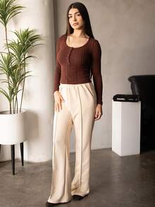 Andrea Bello Women's Casual Knit All-Match Basic Crew Neck Half Button Ribbed Knit Long Sleeve Tee Fit T-Shirt Back To School T-Shirt Teacher T-Shirt Teacher Clothes Fall Women Tops Fall Women Clothes,Brown Top Coffee Brown Top Brown Long Sleeve Top Dark Brown Top Chocolate Brown Top Winter - Coffee Brown - View 5