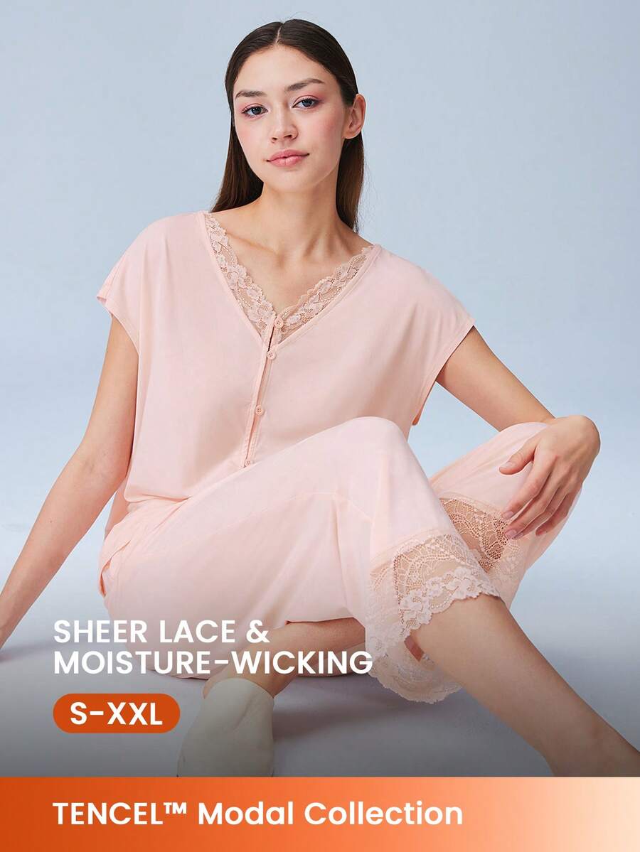 LUVLETTE Super Soft TENCEL™ Modal Pink Lace Inset Button Up Airy Women Pajama Set Lingerie Pants With Pockets Lingerie Bridal Intimates - Pink - View 1