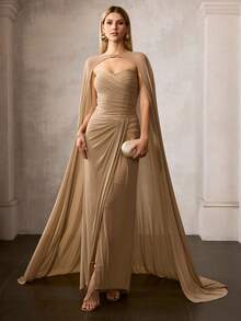 MOTF Soiréza WOMEN'S OCCASION PROM DRESS WITH ELASTIC GLITTER MESH ELEGANT STRUCTURAL DESIGN - Khaki - View 2