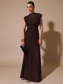 SHEIN BAE Black Wrap Shawl Elegant Sheer Ruched Dress, Suitable For Romantic Dates, Parties, Formal Gatherings, Bridesmaid Dresses, Women's Summer Dress, Tea Party Dress, New Year, Valentine's Day, Birthday Mini Dress, Black Dress Brown Wedding Guest Dress - Coffee Brown - View 5