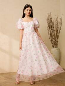 Elegantes Sommerkleid für Teenager-Mädchen mit Blume Muster und Puffärmeln - Verschiedenfarbig - Übersicht 1