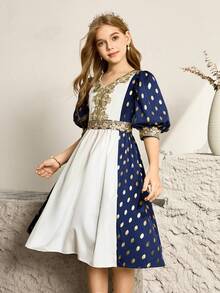 Flower Girl & Big Girl High-End Palace Style Gold Foil Puff Sleeve Elegant Party Summer Dress,Navy Blue And White Embroidered Princess Formal Gown - Blue - View 5