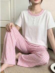 2件套女童休闲白色短袖上衣和粉色格子裤家居服套装，舒适百搭，适合日常穿着，春夏款 - 粉色 - 查看 9