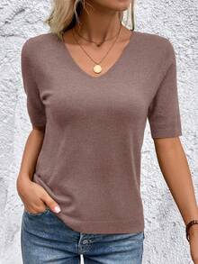 SHEIN Clasi Casual Solid Color Short Sleeve Knit Top - Khaki - View 6