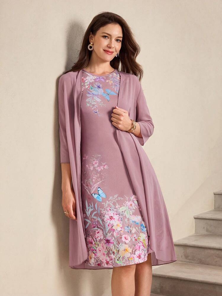 Women's Elegant Printed Sleeveless Dress & Jacket 2 Pieces Set,Summer Outfits Vacation Outfit For Women Spring Sunmmer