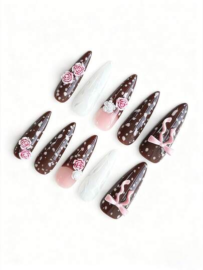 Anime 10 pezzi Unghie finte di alta qualità con fiocco carino, nota musicale, elemento a stella, realizzate a mano + 3 pezzi di adesivo biadesivo, Adesivi per arte di unghie rimovibili con catena di strass stile francese Y2K a pois, adatti per vacanze, feste, ballo e uso quotidiano