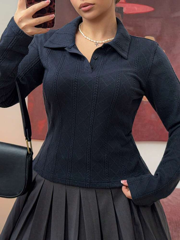 Dazy Plus Fashionable Elastic Fitted Half-Placket Polo Collar Tight Long Sleeve Cropped T-Shirt, Spring/Autumn