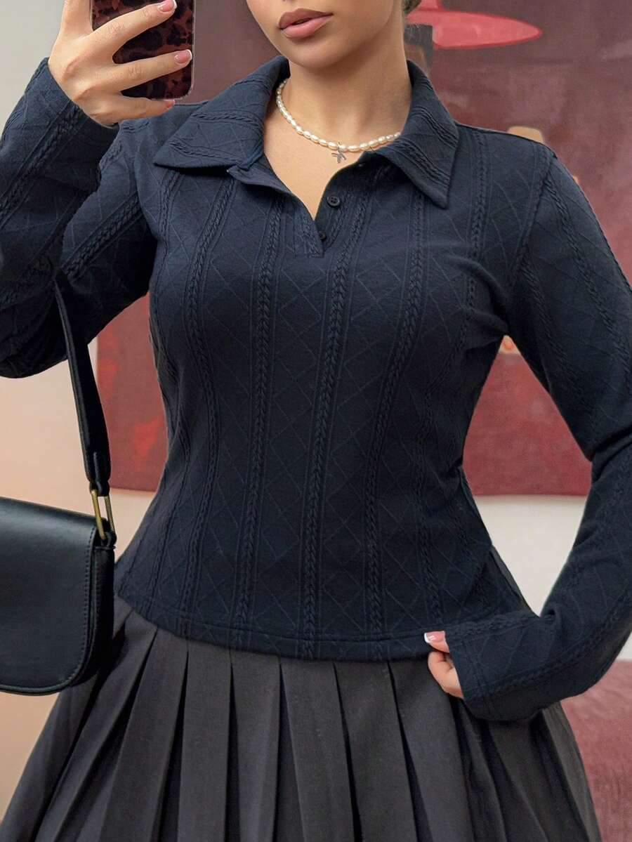 Dazy Plus 时尚弹力修身半开襟 Polo 领紧身长袖短款 T 恤，春秋季 - 藏蓝色 - 查看 1