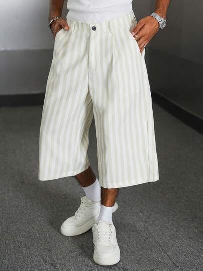 PAVTROS Pantalones capri de pierna ancha con rayas amarillas y blancas, estilo casual para hombre, adecuados para salidas de fin de semana, festivales de música, fiestas y uso diario, Día de San Valentín, Amo a mi novio, Vintage, Festival