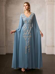 MOTF PREMIUM WOMEN'S ELEGANT V-NECK FLOOR-LENGTH PARTY GOWN , SPARKLY BEADS & SEQUIN EMBELLISHMENTS, DETACHABLE WAIST BELT & FITTED SILHOUETTE , PERFECT FOR HOLIDAY PARTIES, FORMAL EVENTS & FESTIVE OCCASIONS - Blue - View 6