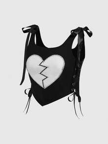 ROMWE Goth 女士哥特式心形刺绣蝴蝶结露肩修身短款吊带背心 - 黑色 - 查看 5