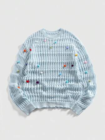Pull décontracté à col rond, manches longues, en tricot ajouré et coloré avec pompon
