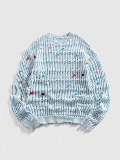 ROMWE MEN Street Life Hollow Out Knitted Colorful Pom Pom Crew Neck Long Sleeve Casual Sweater