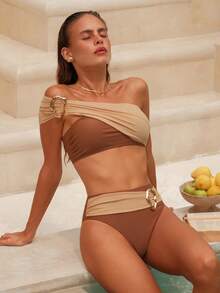 Swim Chiccia 女士两件式可拆卸肩带露背性感优雅不对称两件式泳衣，秋冬季 - 彩色 - 查看 4