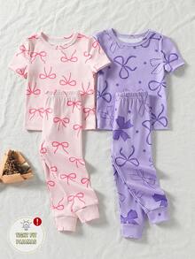 SHEIN Vintaside Kids 女婴两件套弹力针织罗纹高领上衣（带蝴蝶结装饰）和打底裤套装，贴身款 - 彩色 - 查看 7