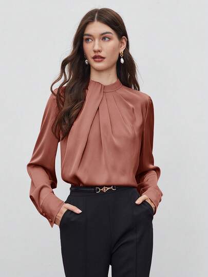 BizChic Peacock Blue Pleated Collar Design Women's Blouse, Modern Elegant Urban Commute Everyday Romantic 90s Retro, Suitable For Christmas, New Year, Valentine's Day, Party, Beach, Graduation, Fashion, Carnival, Holiday, All-Match Romantic, Suitable For Wedding Guest, Host, Suitable For Outing, Date, Party, Concert, Stage Performance, Brunch, Tea Party, Airport, Multi-Scenario