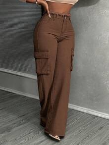 Slaydiva Plus Size Women's Solid Color Washed Denim Cargo Pants, Spring/Summer - Coffee Brown - View 5