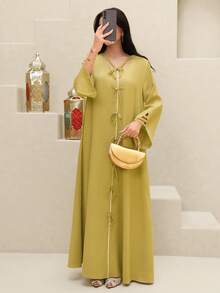 Yasmyna 女士纯色扭结镂空V领长袖土耳其长裙和阿拉伯传统罩袍 - 黃色 - 查看 5