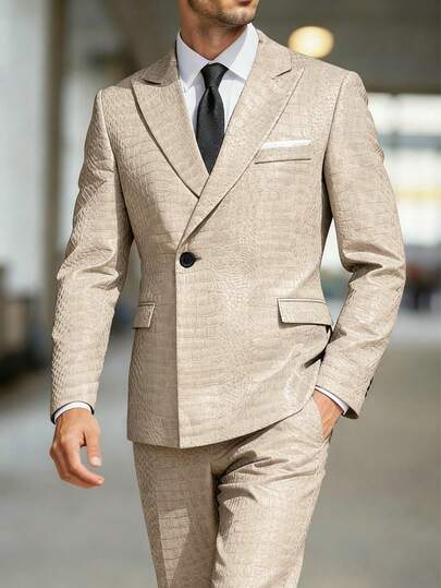 Manfinity AFTRDRK Men's Elegant Single-Button Textured Jacquard Suit Set With Pants, Suitable For Daily Commute, Business, Party And Banquet Wear. This Suit Set Is An Indispensable Versatile Item In A Man's Wardrobe, Making It A Great Gift For A Boyfriend Or Husband.