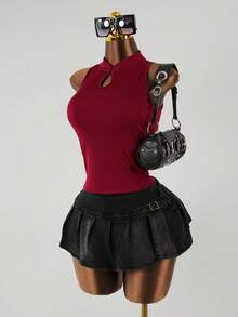 SaltGleam SaltGleam 中式旗袍风格镂空罗纹无袖修身背心，夏季 - 紅色 - 查看 1