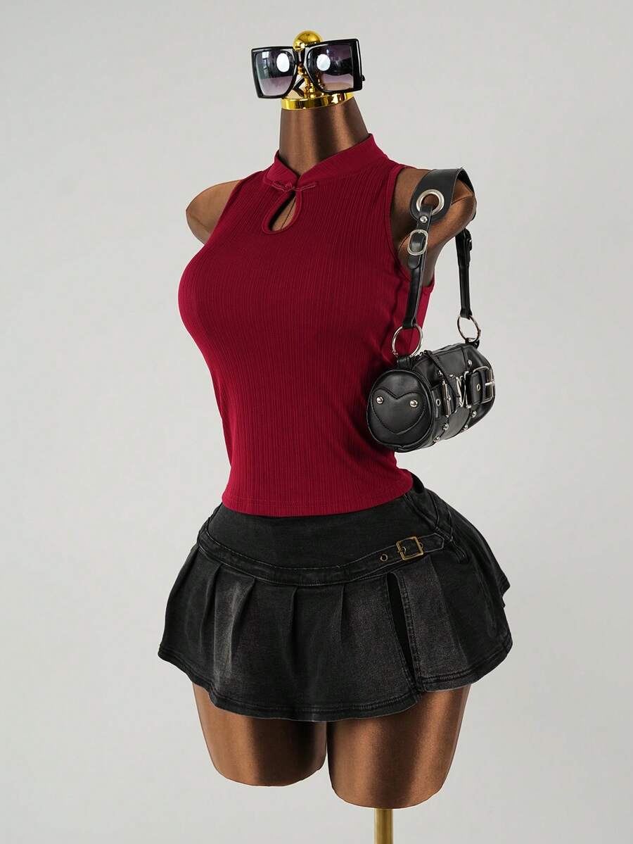 SaltGleam SaltGleam 中式旗袍风格镂空罗纹无袖修身背心，夏季 - 紅色 - 查看 1