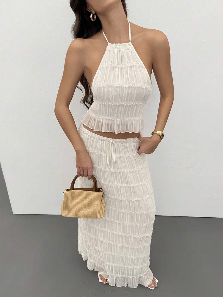 SHEIN Tall Women's Vacation Outdoor Romantic Halter Backless Low Waist Skirt Set Pleated Skirt Set Beach Skirt Set Vacation Outfits Woman Skirt Set White Skirt And Top Set Two Piece Long Skirt Set Vacation Outfits Women Skirt Set - Beige - View 7
