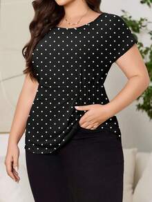 Chikora 大码女式波点印花圆领蝙蝠袖短袖褶皱腰身时尚衬衫，适合女性办公室穿着，适合工作场合，适合春季穿着，适合春假、夏季、夏季假期、夏季女性穿着，优雅女式衬衫，优雅女式波点衬衫 - 黑與白 - 查看 7