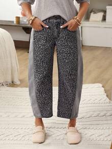 EMERY ROSE Plus Size Contrast Color Patchwork Leopard Print Flared Leg Jeans - Grey - View 1