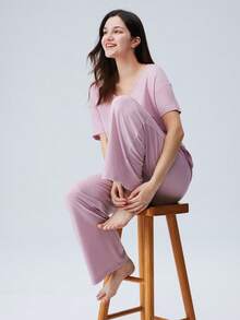 LUVLETTE 夏季粉色柔軟 TENCEL™ 莫代爾基礎款 T-shirt 與長褲居家服套裝，透氣休閒睡衣女款，附口袋，可當外穿，新娘內衣圖案款 - 淺粉色 - 查看 5