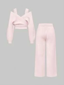 ROMWE Kawaii 1 Set Women Shoulder Strap V-Neck Lace Strap Loose Wide-Leg Pants Comfortable Home Knit Sweater Two Pieces - Pink - View 2